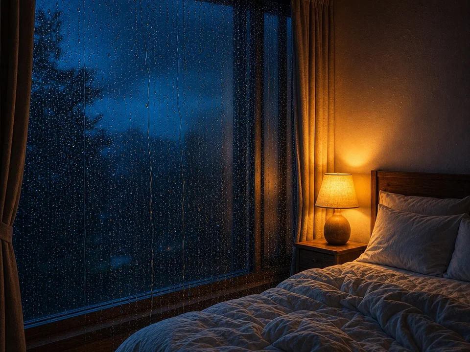 A quiet bedroom beside a rain-covered window