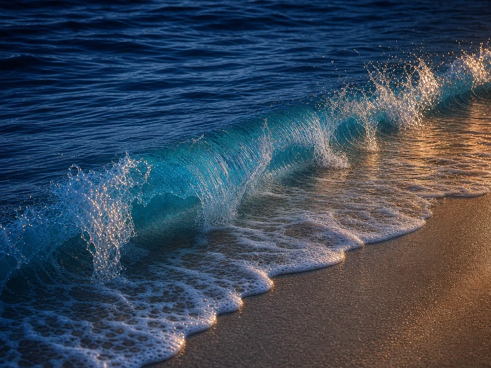 Blue ocean waves gently breaking on a sandy shore